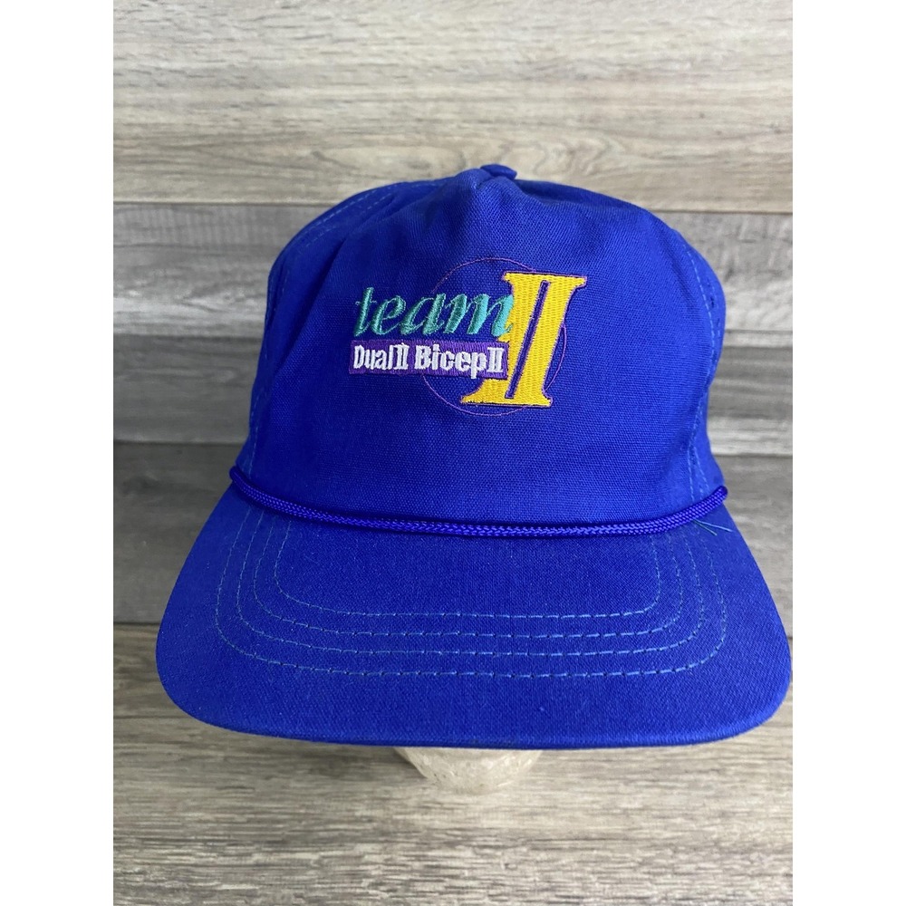 Vintage Duckster Hat Cap Strap Back‎ Blue Team II Dual Bicep Mens One Size 90s